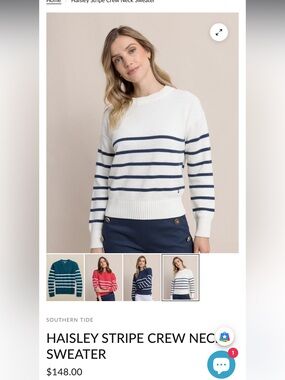 Southern Tide Haisley Stripe Crew Neck Sweater - White with Navy Stripes size M